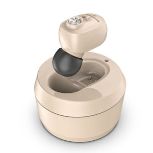 Hearing aid. Rechargeable. In-Ear. Sound Amplifier for Hearing. Small. New Design. Noise Reduction. 14 x 10 x 3.8 cm. 116 g. Beige.