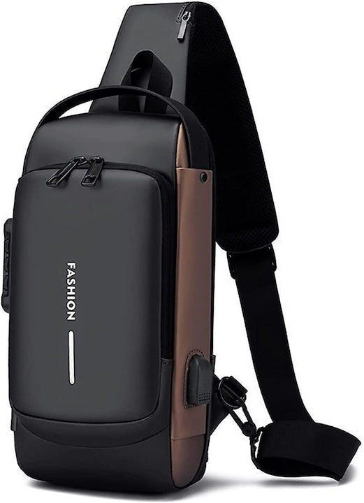 SDLOGAL - Men's Crossbody Shoulder Bag with USB Charging Port, Anti-Theft Pocket, Waterproof, Hidden Card Pocket, Black/Brown 12 installments with 0% interest