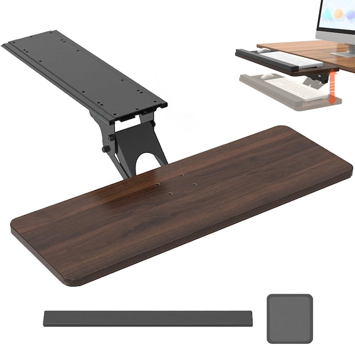 Under Desk Keyboard Tray SANSES 64 x 24 cm Adjustable 360° Rotation Supports Max 25 kg with Mouse Pad with Wrist Rests Walnut