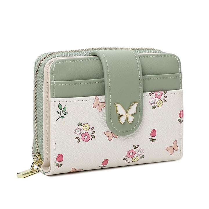 Fantasy - Portofel dama  buzunar pentru buletin  Port card  din piele naturala  11 x 3 x 9 cm  Elegant  Minimalist  Asortabil cu Diverse Tinute pentru Femei  Imprimeuri florale  Alb/Verde pal