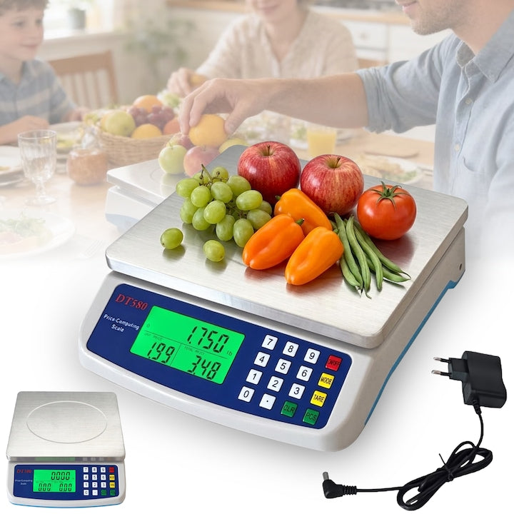 Digital kitchen scale, 10kg capacity, Tare function, LCD display, stainless steel, dual power (mains and battery)