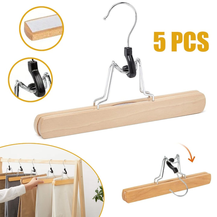 Wooden Hangers with Clips and Felt Lining for Trousers, Non-Slip Chrome Hook, 360-Degree Swivel, Natural, Pack of 5, for Trousers, Skirts, Scarves, Wardrobe Organization