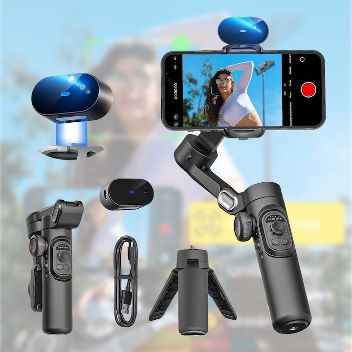 Smart XE Image Stabilizer 3-axis phone stabilizer Magnetic RGB light Automatic face tracking Tripod included USB charging Anti-shake video recording for Smartphone or GoPro Dimensions: 273x125x65 cm Color: black
