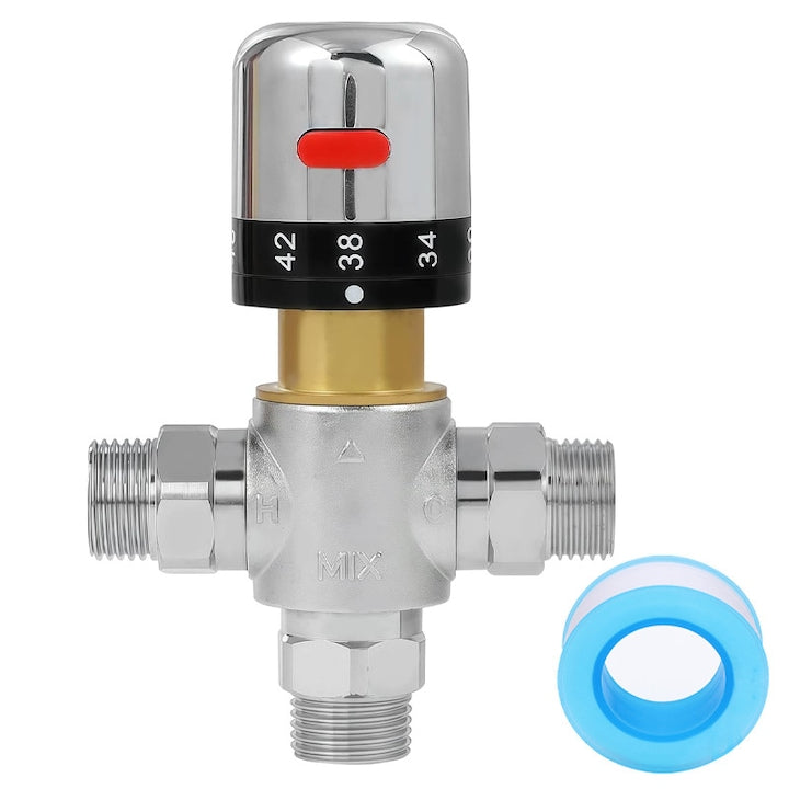 Thermostatic Mixing Valve Duueyct G1/2” Male Thread DN15 Adjustable Between 20°C-60°C Domestic Hot Water Chrome/Brass Silver
