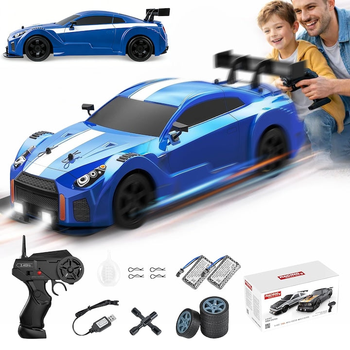 RC Remote Control Car AYCYKD Drift Car 20km/h with LED Lights and Spray 2 Rechargeable Batteries Included Toy for Kids 7+ and Adults 1:16 Blue