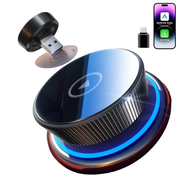 Adaptor auto wireless 2-in-1 pentru Apple CarPlay si Android Auto  Bluetooth 5.2  WiFi  Plug & Play  pentru sisteme auto originale cu fir  OUYLAF  negru