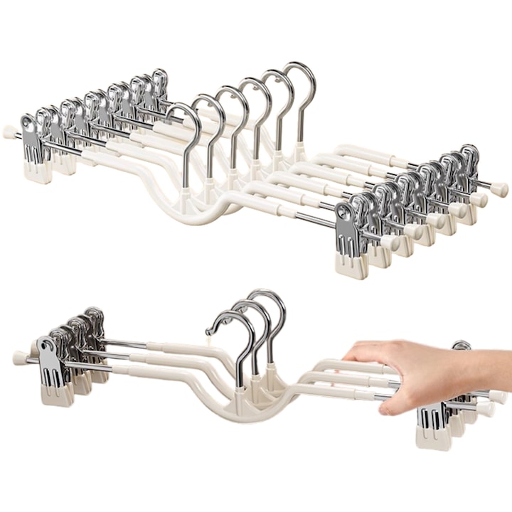Set 10 umerase ajustabile pentru pantaloni  Fantasy  cu clips  Versiune recent imbunatatita  ridicata cu 4 5 cm  pentru a se asigura ca pantalonii nu se vor tari pe podea  30x10cm  Economiseste eficient spatiul  Crem alb