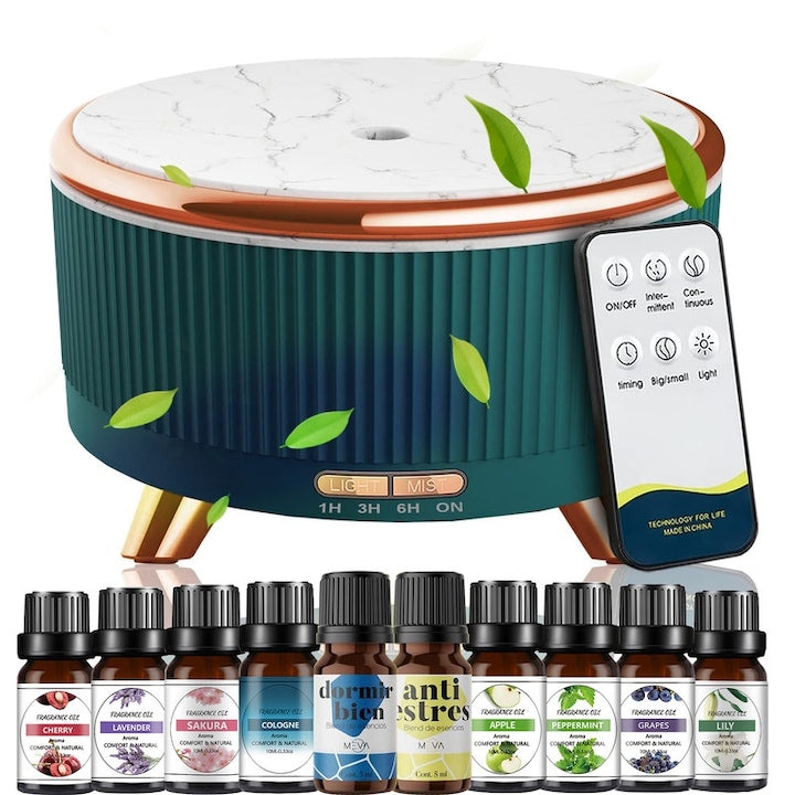Difuzor de Aroma AYCYKD  Difuzor de Uleiuri Esentiale 500ml  7 Culori Umidificator de Aer  Difuzor Aromaterapie Control de la Distanta  Design Elegant cu Textura de Marmura  Moduri de Ceata intermitenta  Verde 10 Uleiuri Esential