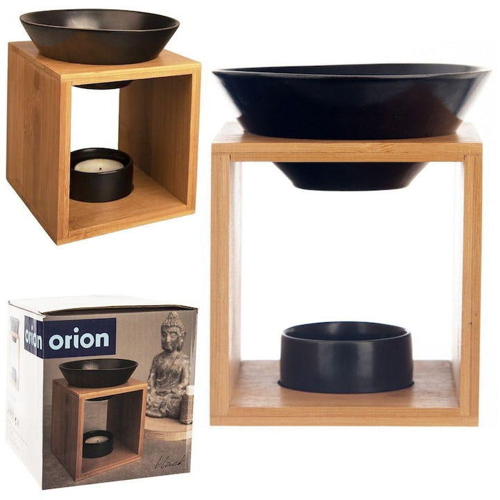 Set Suport Pentru Aromaterapie Cu Vas  Orion  12x11x14 cm  Fabricat Din Lemn De Bambus  Boluri Din Portelan  Culoare Neagra  Mata  Destinat Aplicarii Cerurilor Parfumate Si Uleiurilor Aromatice  Negru