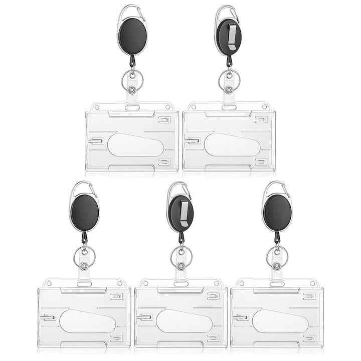 Set 5 ecuson de identitate  rola ( snur ) retractabila cu clips pentru legitimatie  poate fi purtat cu tine  orizontal  Transparent/Negru