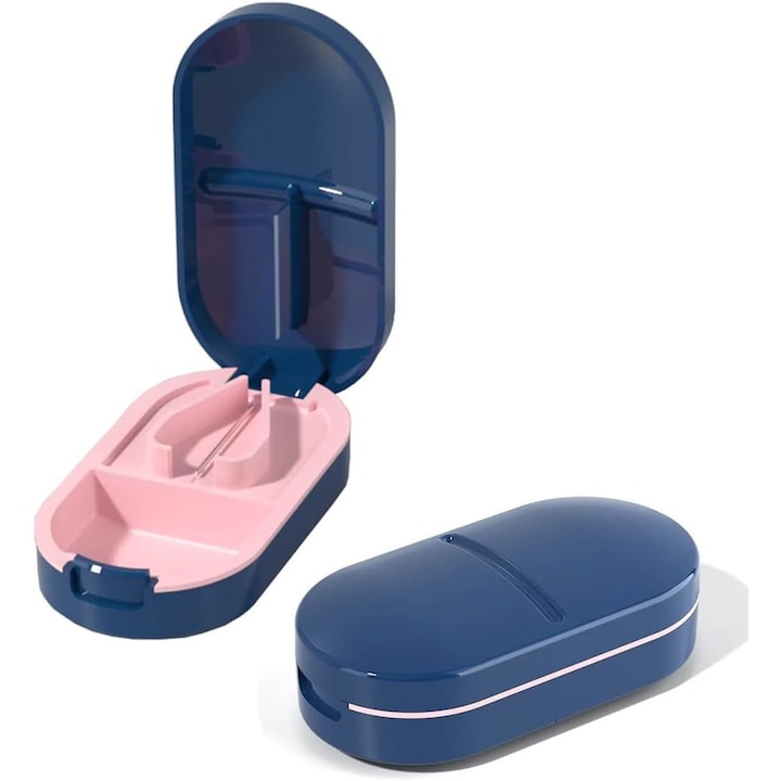Set of 2 Pill Cutter/Crusher Devices Stainless Steel Blade Hidden Storage Compartment Portable 8.5x4.5x2.5cm Blue/Pink