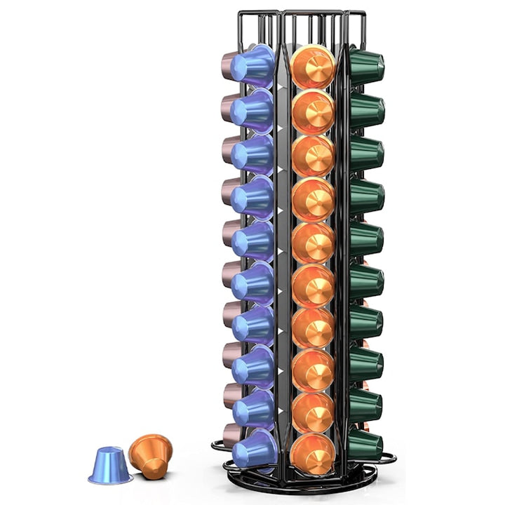 Suport 60 capsule cafea  Rqiurpn  360 de grade rotativ  Economie de spatiu  Vertical  Usor de curatat si folosit  Pentru birou sau acasa  15x15x37.5cm  Negru