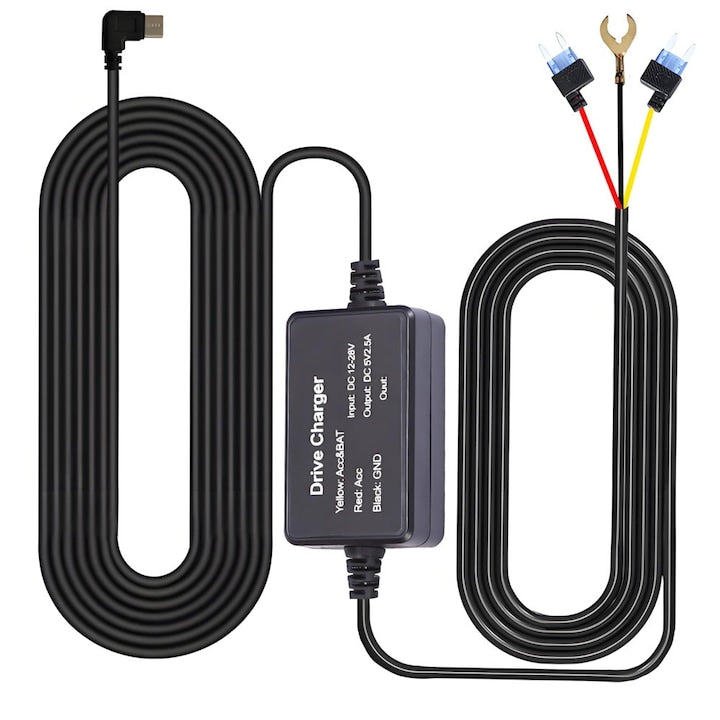 Kit alimentare hardwire ACC pentru camera auto  USB Type-C  intrare 12V–24V  iesire 5V/2.5A  protectie tensiune joasa  monitorizare parcare 24h  cablu 3.5 m  cu adaptoare siguranta
