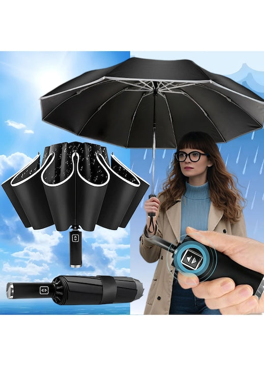 Umbrela de Lux Pliabila Automata  Swejah 110cm  Doua Persoane  Umbrela de Calatorie Inversata  cu Banda Reflectorizanta 10 Oase  Deschidere si Inchidere Automata  Protectie Solara/Ploaie/UV/Vant  Unisex 36*8CM 450g  Negru