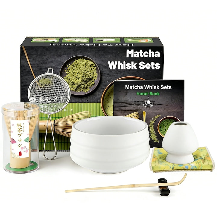 Matcha Tea Set Matcha Tea Set 7 pieces Matcha Bowl Whisk Holder Bamboo Spoon Spoon Rest Cotton Tea Cloth Ceramic Whisk Holder Sifter Gift Packaging White