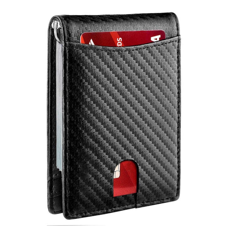 zggzerg - Men's Wallet, 7 Slots, ID Card Holder, with RFID Blocking, Anti-theft Protection, Small and Portable, Unisex, for Tickets, Bank Cards, Carbon Fiber Texture, Microfiber, 10.8cm x 7.7cm x 1.5cm, Black