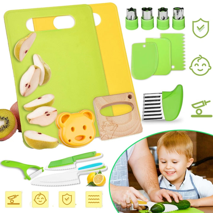 Jucarii De Bucatarie Montessori Cu 17 Piese Pentru Fete Si Baieti De 3-12 Ani  Set De Jucarii Reale Pentru Copii Mici Pentru Gatit Real Cu Cutite Din Plastic Sigure  Cutite Ondulate  Tocator