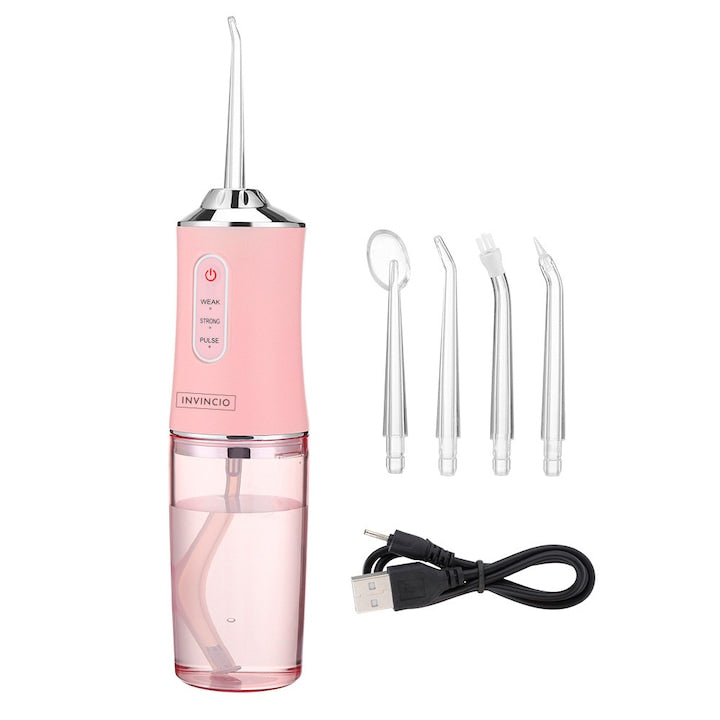 Irigator Oral Profesional pentru dus bucal  ERIS  4 Capete Curatare Anti-Tartru  Rezervor 220 ml  Roz Pastel