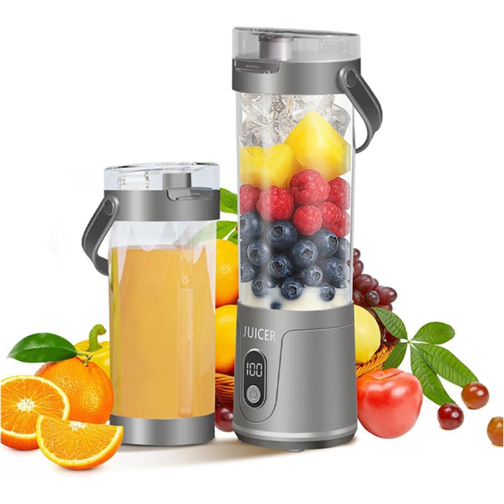 Mini Blender Electric  Omelivon  Portabil/Multifunctional  22.000 RPM  Capacitate 500 ml  Afisaj Digital cu Cristale lichide  Wireless  Reincarcabil  Acumulator 2400 mAh  Design Compact  Pentru Smoothie si Shake  Ideal Pentru Calatori Birou  Gri