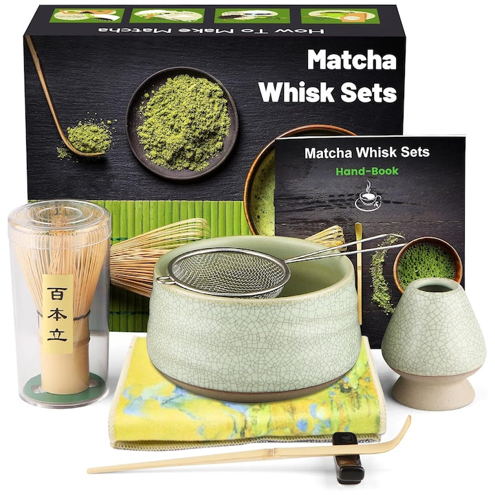 Matcha Tea Set Matcha Tea Set 7 Pieces Matcha Bowl Whisk Holder Bamboo Spoon Spoon Stand Cotton Tea Cloth Ceramic Whisk Holder Sieve Green