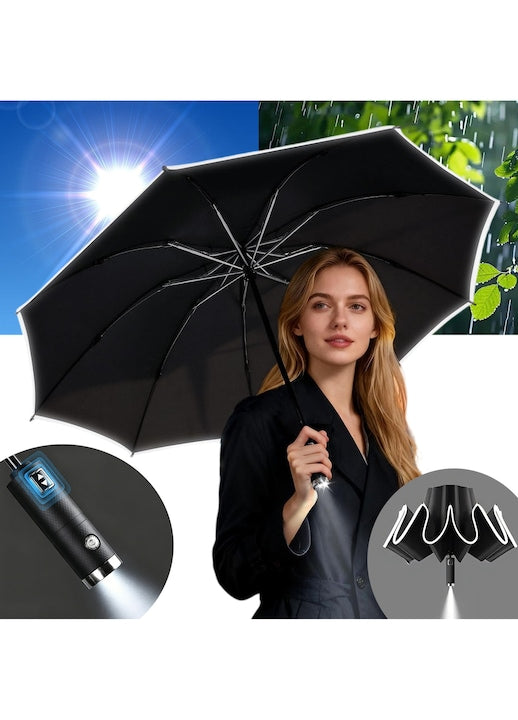 Umbrela de Lux Pliabila Automata  Swejah  cu Lanterna LED si Banda Reflectorizanta  Deschidere Automata  Diametru 106cm  Suport Intarit cu 10 Oase  UPF50+  Protectie Solara/Ploaie/UV/Vant  Unisex 34*8CM 470 g  Negru
