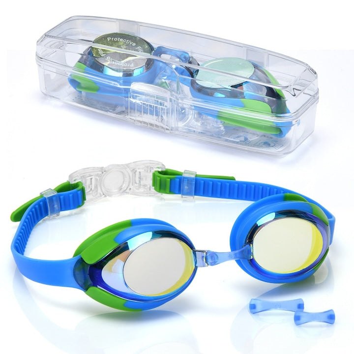 Ochelari de inot profesionali pentru copii  cu punte nazala de schimb*2  cutie de depozitare  anti-UV  anti-aburire  marime reglabila  claritate  protectie avansata  policarbonat/silicon  galvanizare iridescenta  perfecti pentru piscina  3-16 ani  albastr
