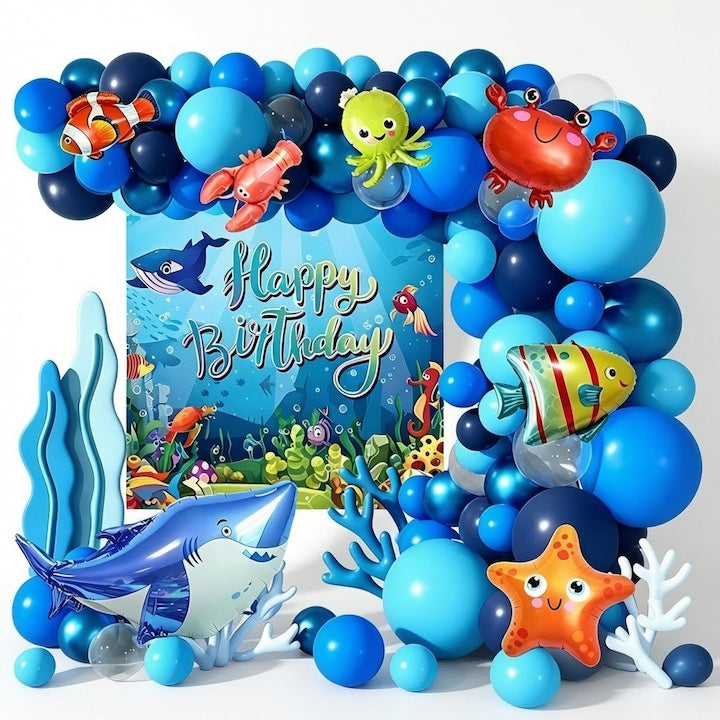 Set Arcada Baloane Petrecere Ocean 74 Piese - Rechini si Prietenii Sai  Fundal La Multi Ani  Baloane Folie Animale Marine + Baloane Latex
