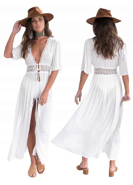 SNM - Rochie de plaja sifon  Marimea M  Alb  stil boho  material usor transparent  croiala maxi eleganta  decolteu in V  maneci scurte  curea cu detalii ajurate in talie  tunica plaja dama moderna perfecta pentru vacanta 12 rate cu 0% dobândă