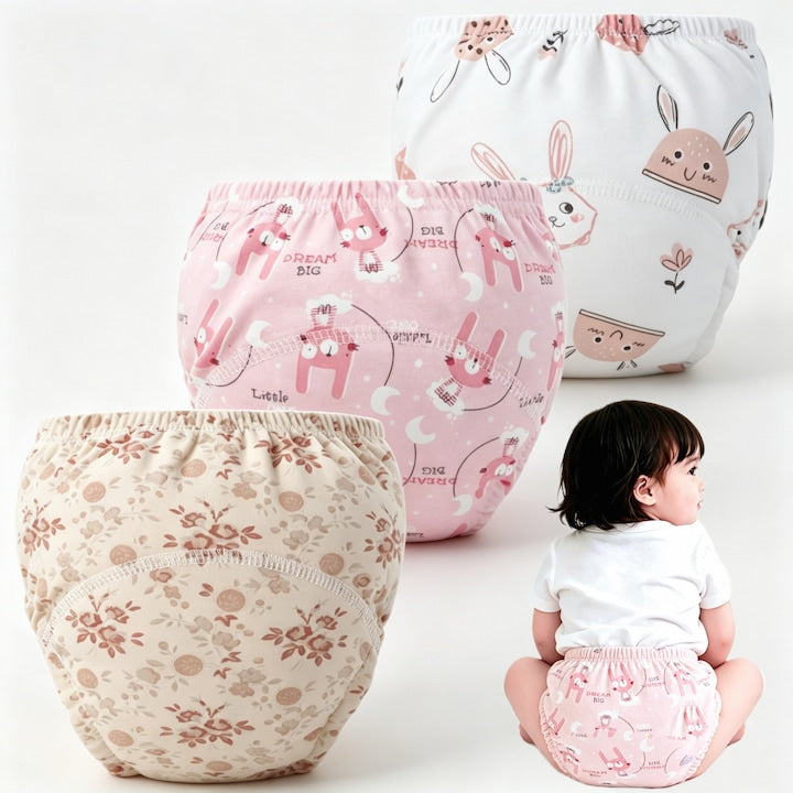 Set de 3 Chiloti de antrenament pentru olita  100% Bumbac  Reutilizabili  Cu strat antiscurgere  Puternic absorbanti  Imprimeuri dragute  L(12-18kg)