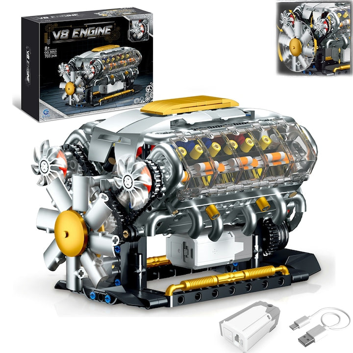 Set Constructie Motor V8  SANSES  cu Motor Electric  703 Piese  Cu Set De Putere Pentru Blocuri  Turbocompresor  Cap Cilindru Transparent  Reincarcabil  pentru Copii/Adulti de 14+ Ani