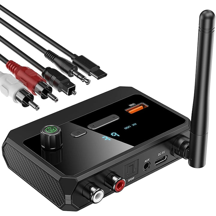 Transmitator/receptor audio  Bluetooth 5.3  Rqiurpn  Plug and play  RCA AUX optic  USB  Afisaj LED  negru  pentru TV  Sistem Audio  Masina  Home Cinema