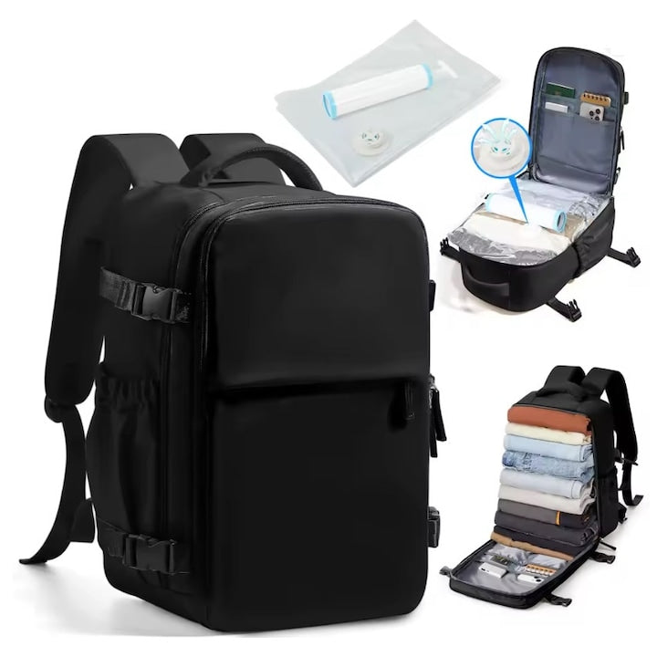 Rucsac Wizzair  Ryanair de calatorie cu punga vacuum  dimensiuni 40*30*20 cm  pompa inculsa  Bagaj de mana  multifunctional  Impermeabil  Multiple Compartimente  60 L  Spatiu Laptop 17"  negru