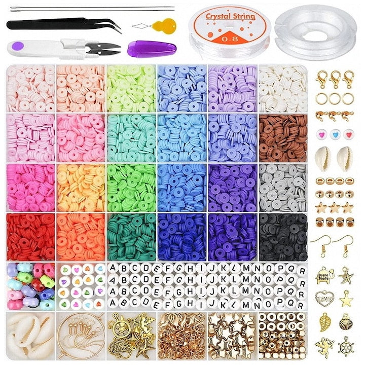 Kit de 6000 de bucati margele de argila  Chigoods  Pentru realizarea bratarilor  24 de culori  Margele plate rotunde din polimer  Distantier 6 mm  Cu snur elastic  Charms cu pandantiv  Realizarea de bijuterii