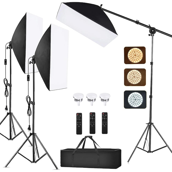 SANSES Softbox Continuous Lighting Kit with Tripod and Bulb with Remote Control, 3 x 105W, 50 x 70 cm, 3200K-5500K, Three Adjustable Color Temperatures, Professional Photo Shoot Set, Black