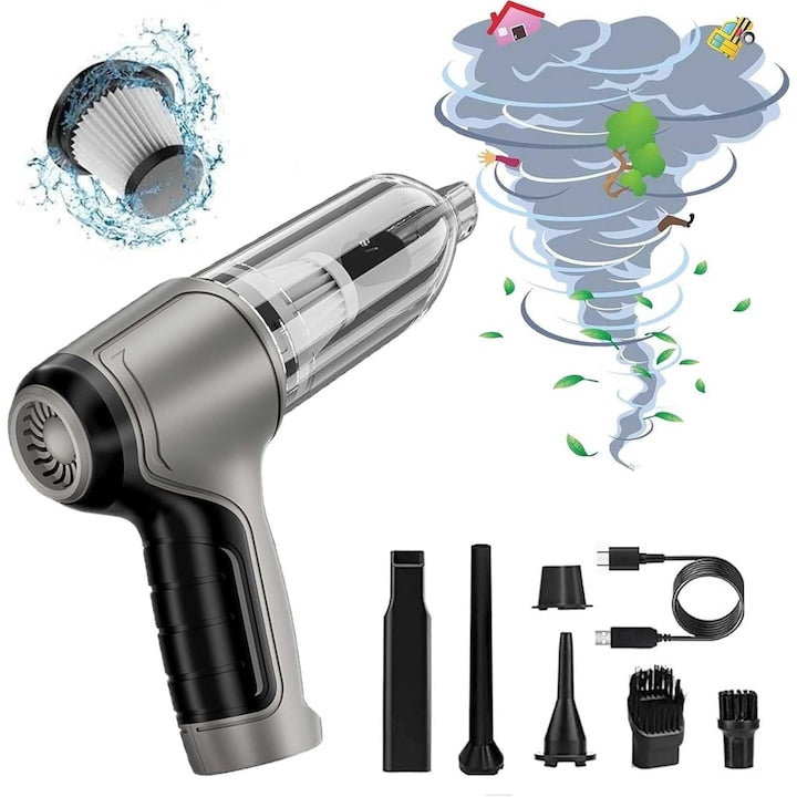 Aspirator de mana wireless 3 in 1  19000 Pa  120 W  motor fara perii  4000 mAh  5 accesorii  pompa de aer si pompa de vid  YQLAFT  Negru