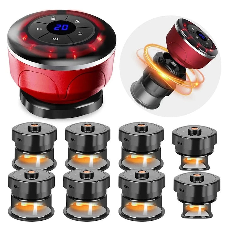 Set masaj cupping electric WALALLA  8 ventuze  12 trepte caldura/intensitate  terapie lumina infrarosu  portabil  rosu/negru