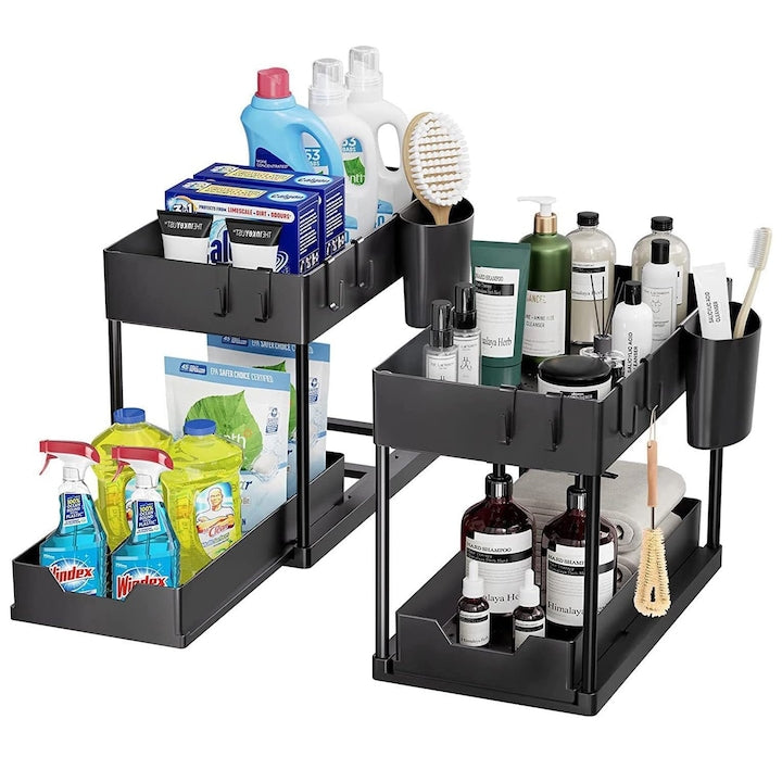 Set 2 organizatoare pentru dulap  Axroad Mall  Cu carlige si cupa pentru agatat  Design de capacitate mare  Depozitare glisanta  Usor de instalat  Pentru bucatarie de baie  ABS/Plastic  Negru