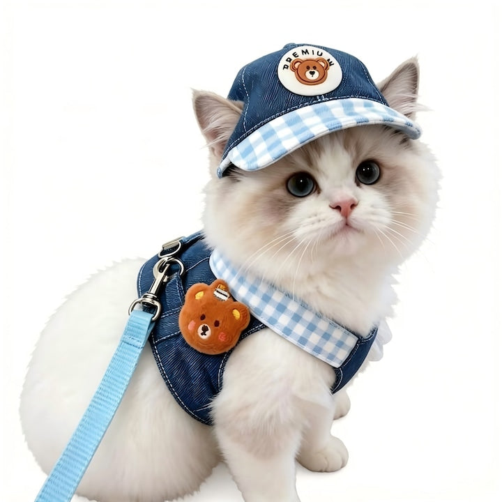 Set Piept + Lesa + Palarie Costum Jeans Caini Pisici M (40cm)  Catarama Reglabila  eliberare rapidaEchipat cu o franghie de tragere de 1 5 metri  Material Respiratory  Pentru Plimbare Foto