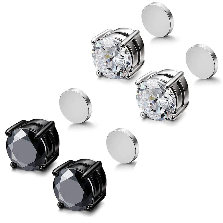 Fantasy - Set of 2 pairs of magnetic earrings, Stainless steel, Hypoallergenic, Clip-on, 8mm, Colorfast, Neutral, Elegant, Hip Hop, Trendy, Silver/Black