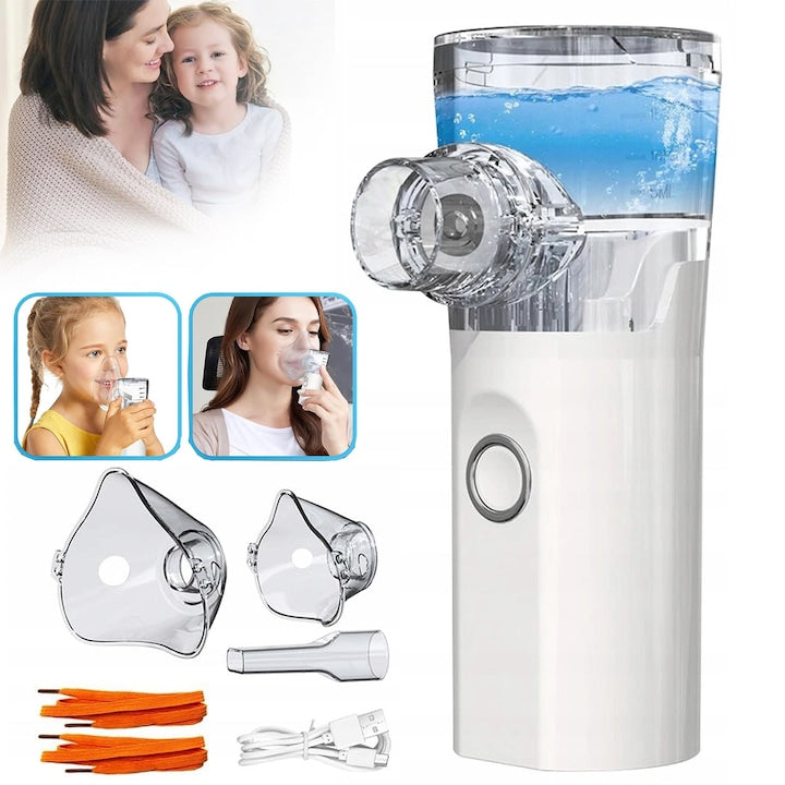 Nebulizator portabil cu ultrasunete  set complet cu 2 măști  funcționare silențioasă  pentru adulți și copii