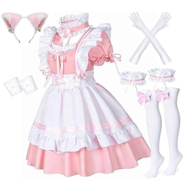 Costum de servitoare  Set complet  Alb/Roz  L