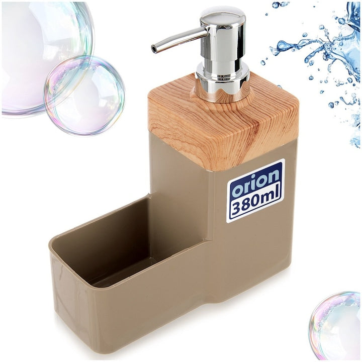 Dispenser Detergent De Vase Cu Suport Burete  Orion  500 ml / 15.5x7.5x19.5 cm  Plastic  Bej/Maro Natur  Dozator Lichid Cu Organizator Pentru Laveta  Finisaj Imitatie Lemn  Baza Anti-Alunecare Din Pasla  Accesoriu Practic Pentru Bucatarie