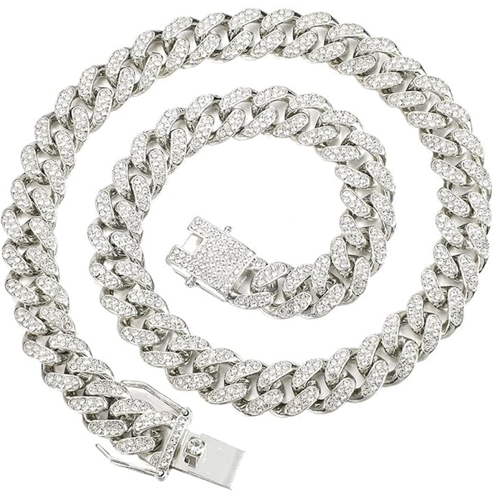 Rqiurpn - Lant pentru barbati  Inox  Fashion  Perfection  Stil cubanez  Cristale de Zirconiu  45 cm  Argintiu