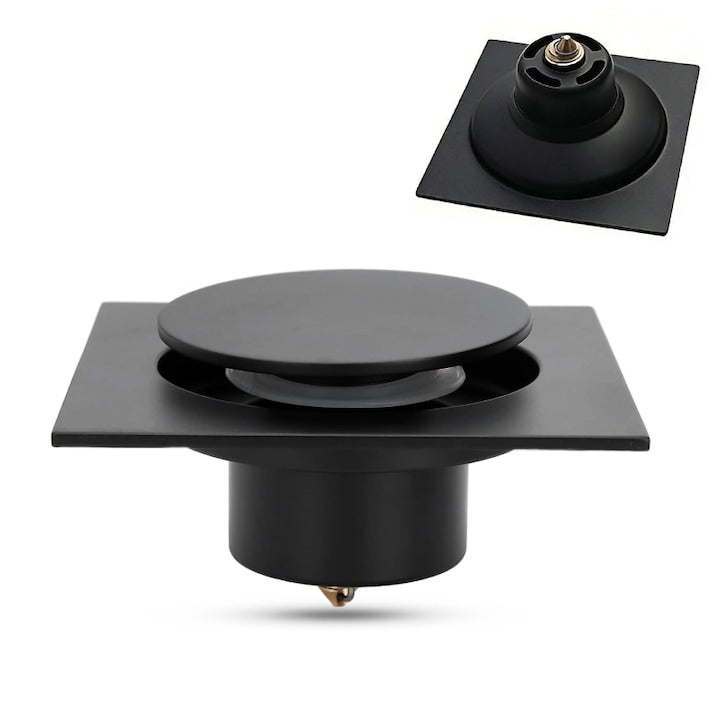 Floor drain with anti-odor valve, 304 stainless steel, rust-proof, thick material, solid and durable, push-down drainage function, square and round design, 10x10cm, black, high drainage capacity, for bathroom, kitchen, balcony, terrace