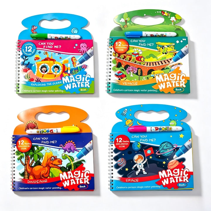 Set 4 Carti de Colorat cu Apa Magic Water Book Reutilizabile  Teme Dinozauri  Trafic  Astronauti  Submarin  Pentru Copii