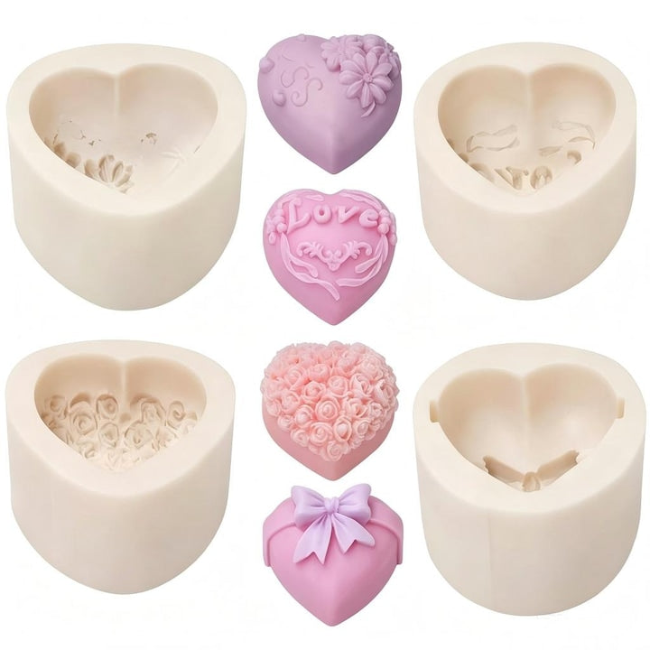 Set of 4 3D Heart Silicone Molds for Candles and Soaps, Various Designs with Lace, Bow, and Elegant Details, Easy to Demold, Resistant to Deformation and Wear, Non-Toxic, Odorless