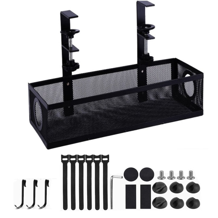 Set of 20 WALALLA Under Desk Cable Organizers with Cable Organizer and Storage Basket for Cable Management in Offices and Homes, Plastic, Black