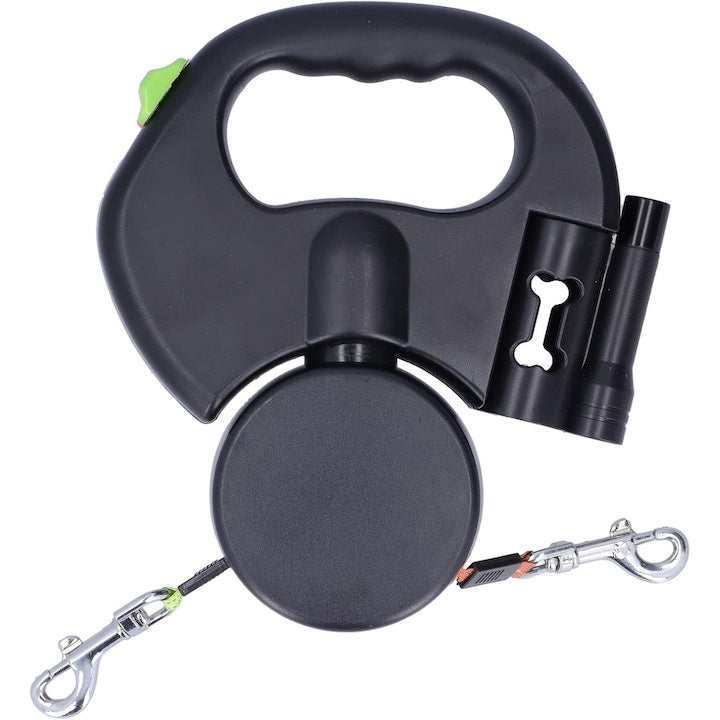 Dual retractable dog leash with flashlight and waste bag dispenser, black