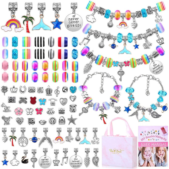 Kit de Facut Bratari Charm-uri Talismane tip  85 Componente  Accesorii pentru Bijuterii  Margele  Bratari Reglabile cu Lant  Coliere  8-12 ani  Multicolor