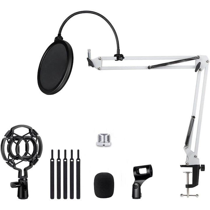 Microphone stand set Microphone stand set WALALLA adjustable for podcasting, live streaming, recording, Heavy-duty microphone arm with microphone clip, Shock mount, Pop filter, white
